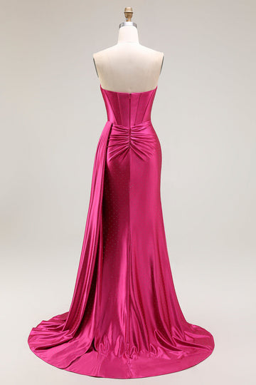 Sparkly Fuchsia Mermaid Sweetheart Beaded Long Formal Dress with Slit